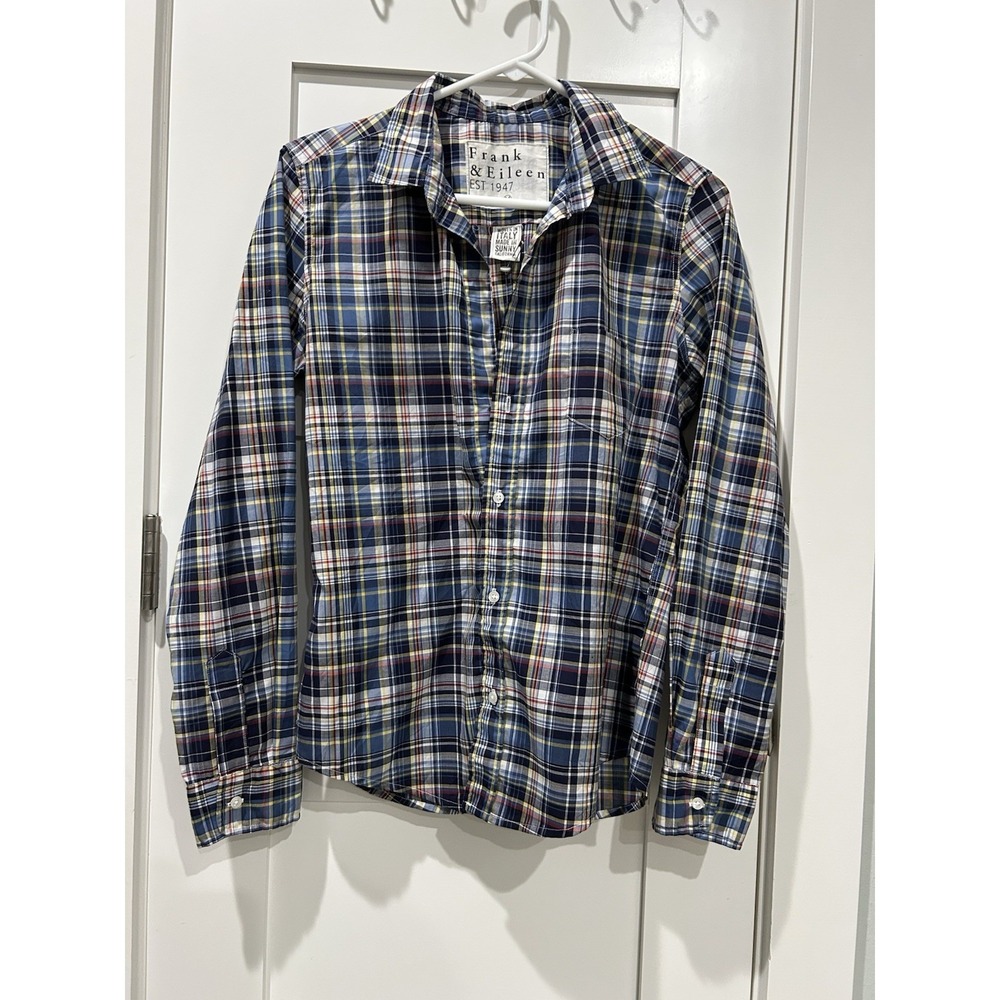 Frank & Eileen Barry Plaid Button Down Shirt Woven in Italy Red Yellow Blue Sz M